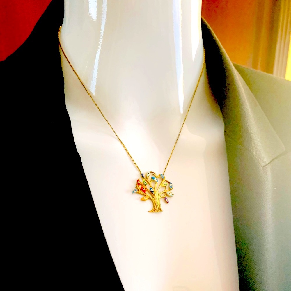 Gold Plated Tree Of Life Pendant Necklace Magnolia gold tone fine string chain